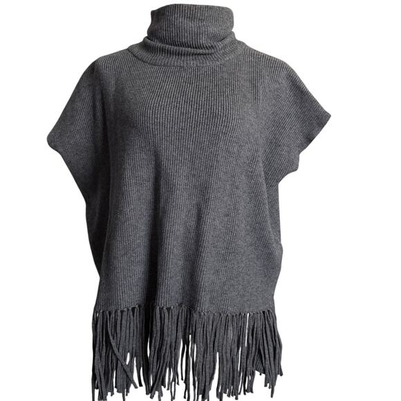 FRINGE Molly Bracken Gray Knit Poncho Sweater Turtleneck Pullover One Sz - Picture 1 of 6
